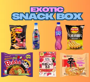 Exotic Snack Bundle Box (7 items) includes: 2 drinks, 2 Pack Ramen, 2 chip bags, 1 Candy bag Combo