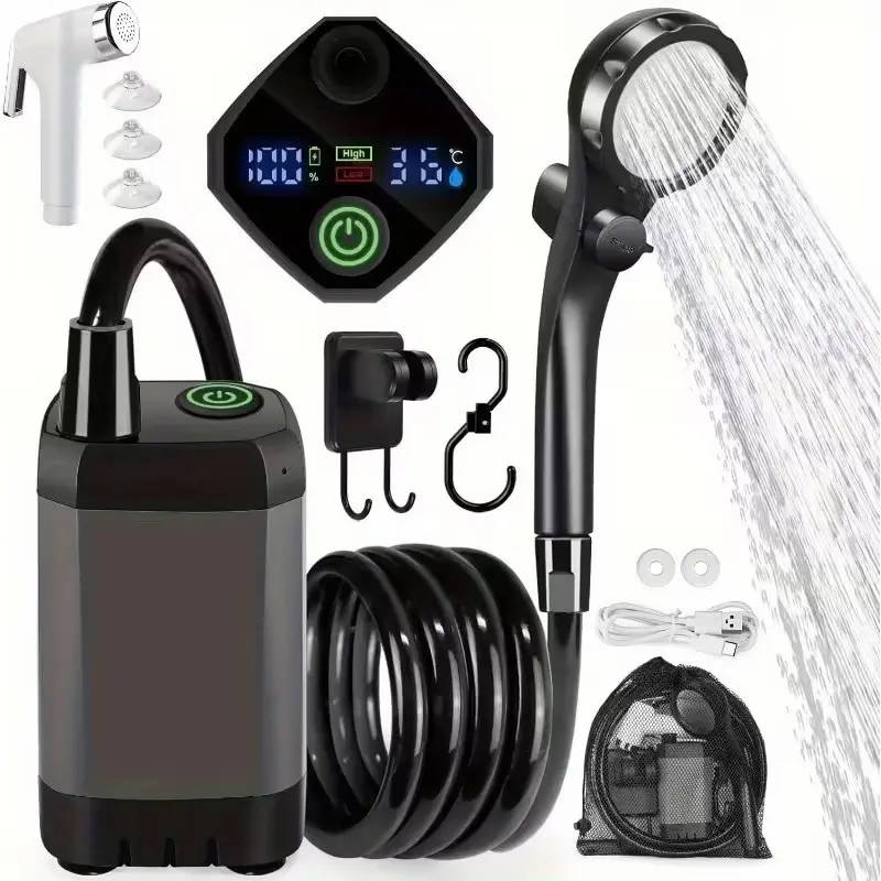 Portable Shower For Camping, 6000mAh Rechargeable Camping Shower With Intelligent LED Display, Multiple Shower Modes, 3-in-1 Hook Design, 120 Min Runtime, Outdoor Camp Pump For Hiking, Pet Cleaning, Car Washing, Beach Use