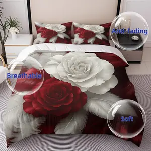 2/3 Pcs Rose,feather Artpattern Down Decorative Duvet Cover(1*duvet Cover+1/2*pillowcase,no Filling)digital Print,soft,high-end Bedding Set,all Season Use Machine Washable,best Holiday Gift