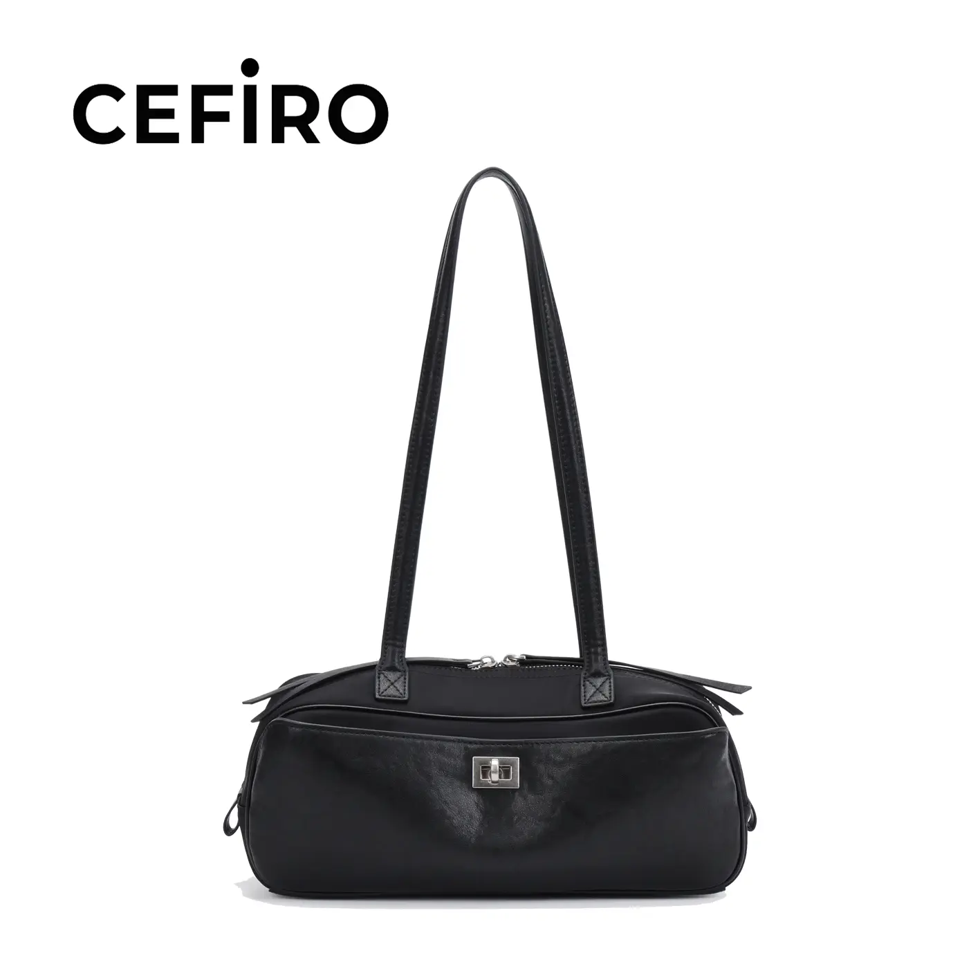 CEFIRO Urban Baguette Bag - Elegant Black Shoulder Bag with Fixed Shoulder Strap and Secure Zip Closure