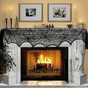 Black Lace Spiderweb Mantle Scarf for Halloween – Perfect Festive Décor for Your Fireplace – 18 x 96 inches (45 x 243 cm)