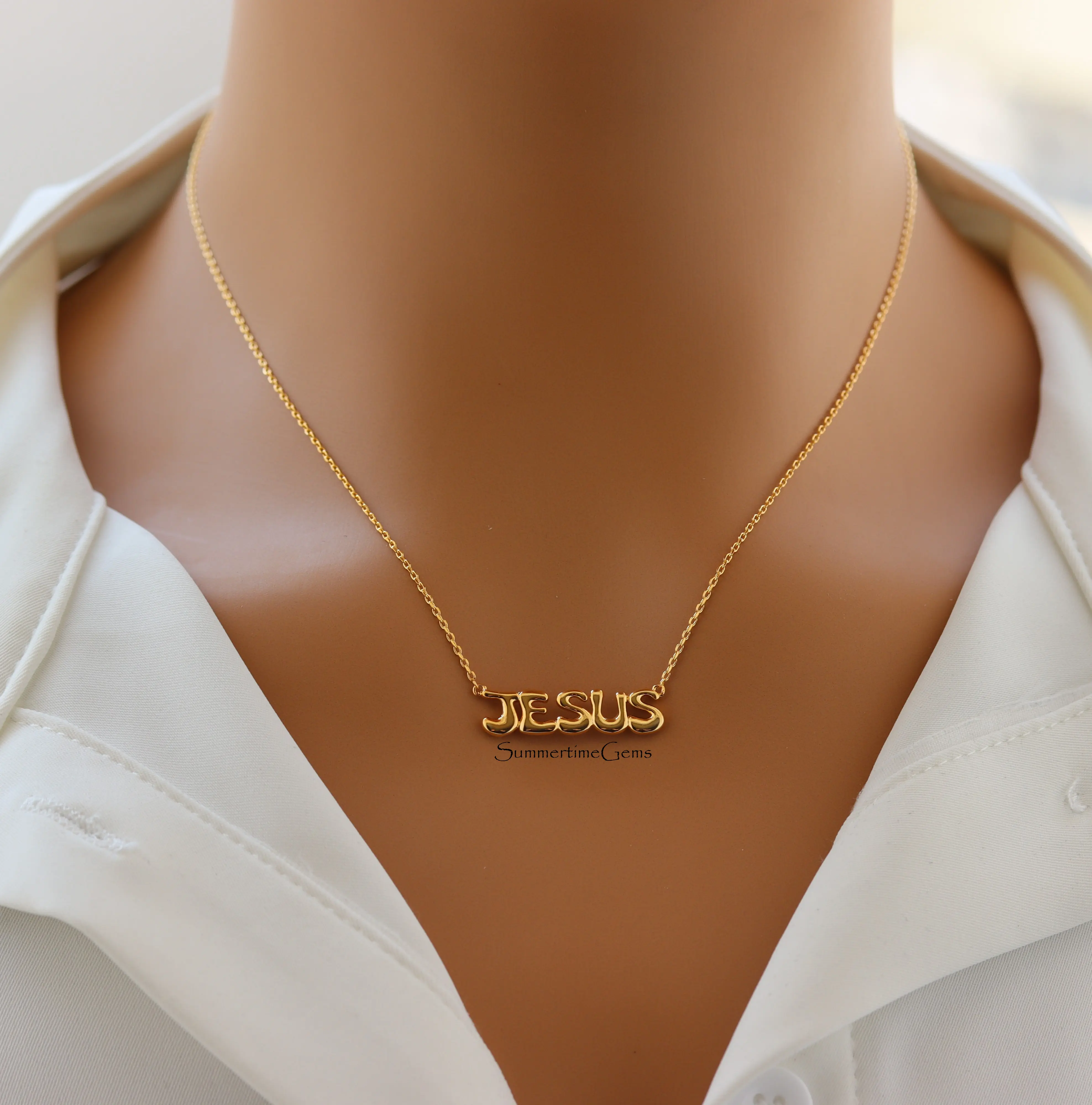 18K Gold Plated Balloon Handwritten “Jesus” Pendant Necklace for Women – Dainty Christian Faith Jewelry Gift