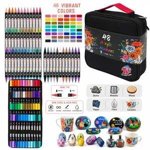 TBC The Best Crafts 48-Colors Dual Tip Acrylic Paint Markers, Double zipper design Topgrade Canvas bag,Waterproof, Non-Toxic, odorless, Suitable for Paper,Pottery, Stones, Glass,outdoor painting