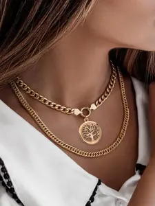 Women's Hollow Out Tree Of Life Design Pendant Necklace & Cuban Chunky Chain Necklace, Fashion Jewelry for Party, Daily Clothing Decor, Jewellery Accessories, Statement Necklace