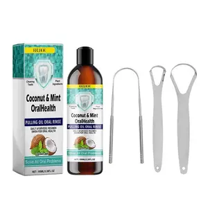 100ml Coconut Oil Mint Mouthwash & 3 Counts Tongue Scraper Set, Daily Oral Care Product for Men & Women, Mouth Care Kit