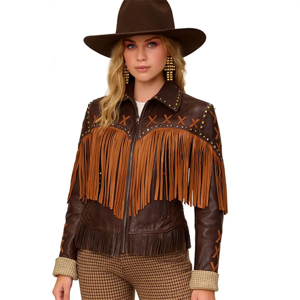 Women's Brown Genuine Leather Fringe Western Jacket Cowboy Style Zip-Up Coat