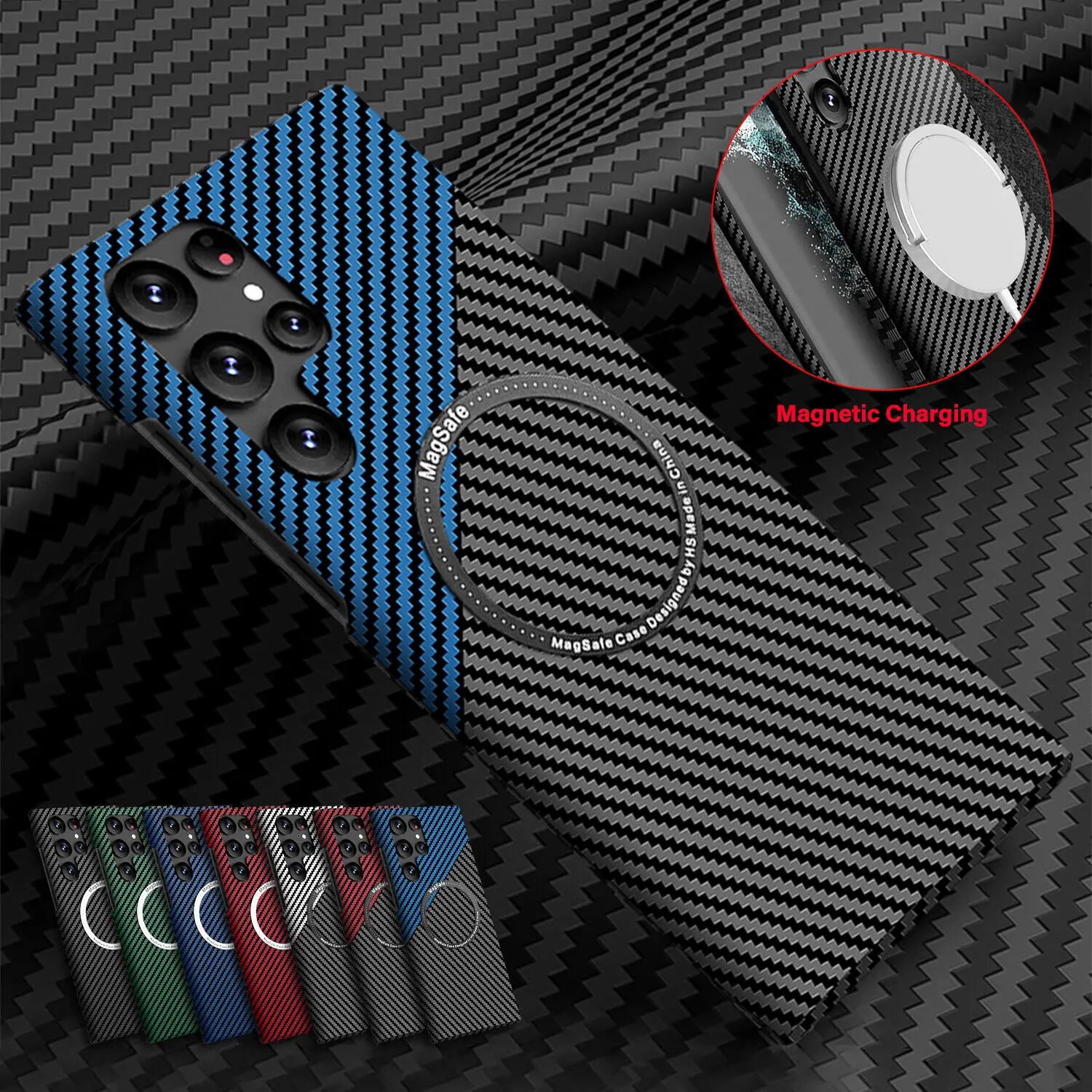 MagSafe Magnetic Carbon Fiber Case for Samsung Galaxy S24, S23 Ultra, S22, S21 Plus, Shockproof Protective Cover, Slim Fit, Impact Resistant, Lightweight, Wireless Charging Compatible, Stylish Carbon Fiber Design