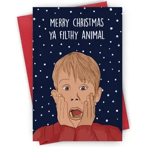 "FILTHY ANIMAL" Christmas Card - Iconic "Merry Christmas Ya Filthy Animal" Quote | Snowy Night Blue, Surprised Kid Art, Suitable for Movie Buffs, Vintage Pop Culture, Fun Party Cards