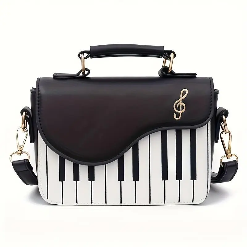 Women's Piano Keyboard Crossbody Bag - Preppy Black White PU Leather Bag with Treble Clef Charm, Adjustable Casual Snap+Zip Top Handle Satchel, Music Lover Gift