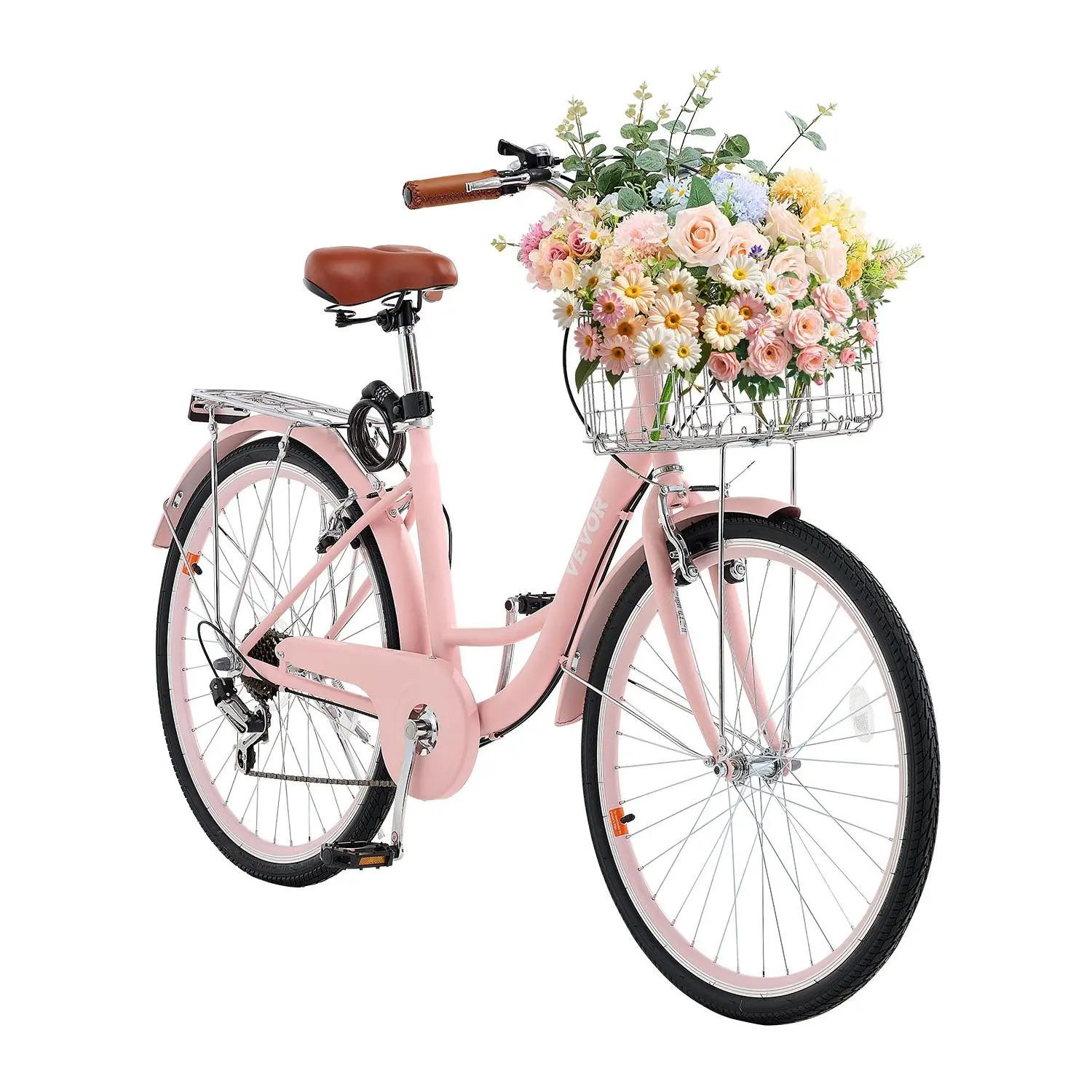【DealsForYouDays】【DealsForYouDays】 VEVOR Cruiser Bike, 7-Speed, 26-Inch Pink Beach Cruiser Bike with Large Capacity Basket and Rear Rack, Secure Sturdy Cruiser Bike with Adjustable Seat, Fits for Cycling, Exercise Shoppingdealsforyoudays