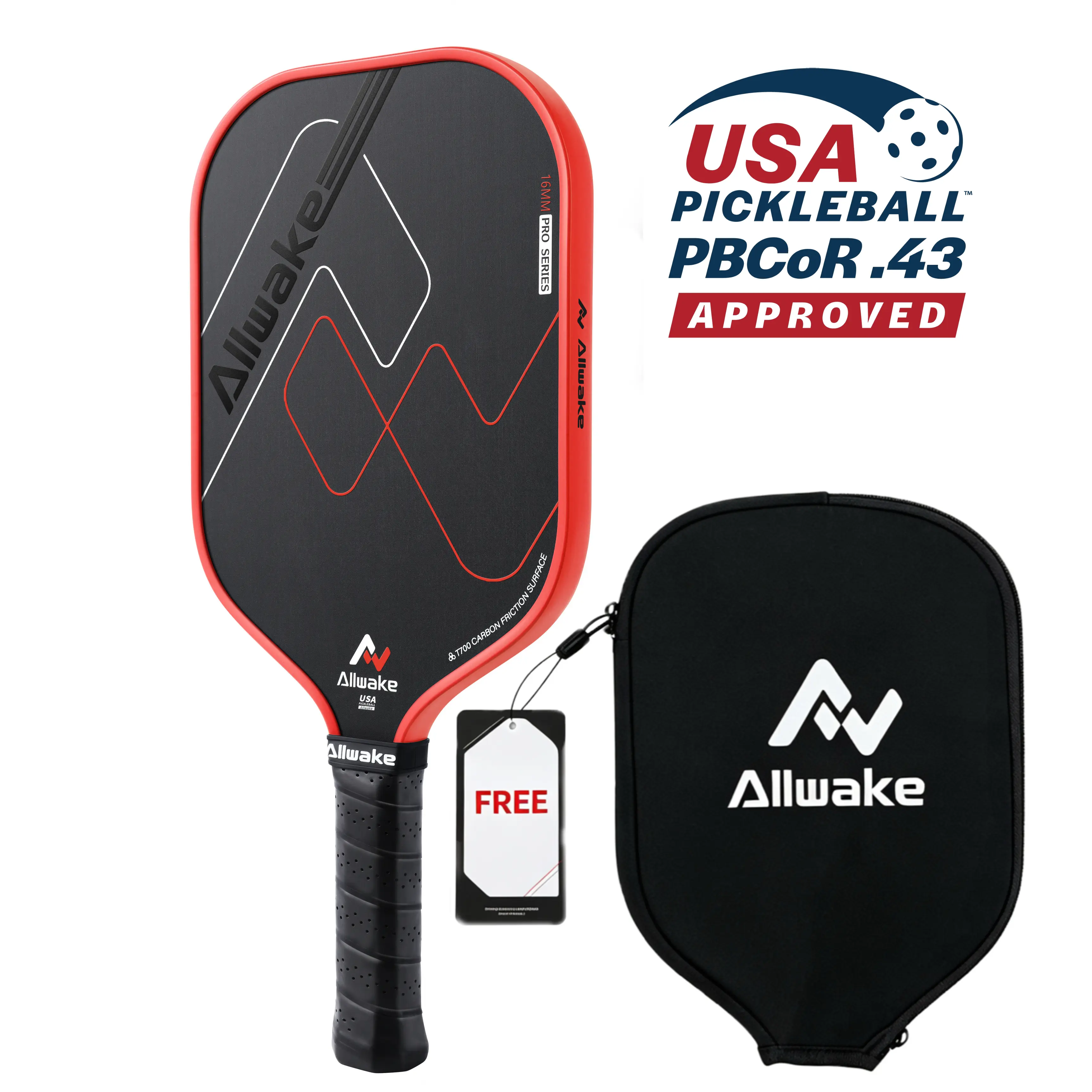 Allwake Pickleball Paddle, T700 Raw Carbon Fiber Surface (CFS) High Grit & Spin, with 16MM Polypropylene Honeycomb Core,  USAPA Polypropylene Honeycomb Paddle with Cushion Comfort Grip, Ideal for Novice and Professional Player