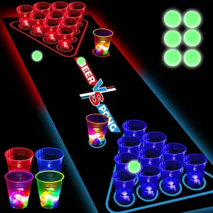 Glowing Beer Pong Set for Indoor Outdoor Party Drinking Game, Includes Light Up Table Mat Plastic Cups and Pongs, 71*23inch Party Decor Supplies