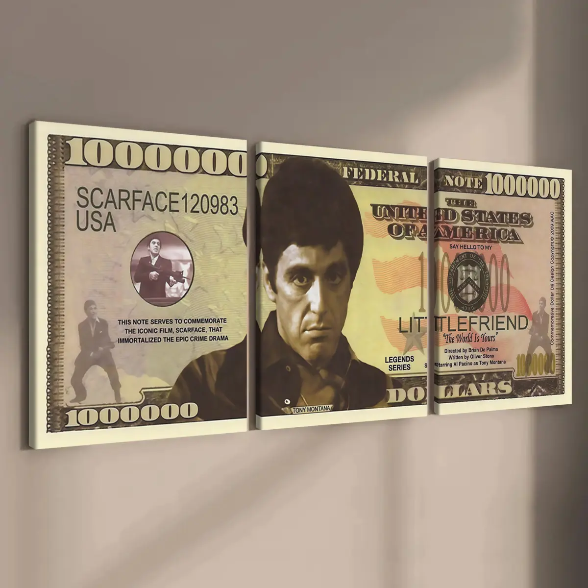 3 Count wooden frame canvas, Scarface: The Dark Legend poster of the banknote Face, retro money art decoration, Decoration items, Modern art design, murals, bedroom, living room & corridor decoration, HD, waterproof, art