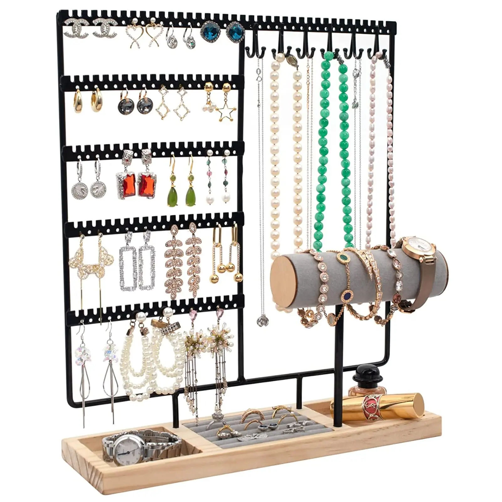 Holder, Ear Stud Organizer with Wooden Tray, 5-Tier Jewelry Tower Rack, Jewelry Organizer Stand for Earrings Necklaces Bracelets Watches and Rings Gift Metal