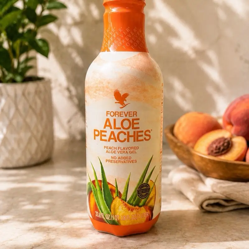 Forever Aloe Peaches Peach Flavored Aloe Vera Gel No Added Preservatives 33.8 FL OZ 1 Qt 1.18 FL OZ 1 Liter Healthy Beverage Healthy Drink