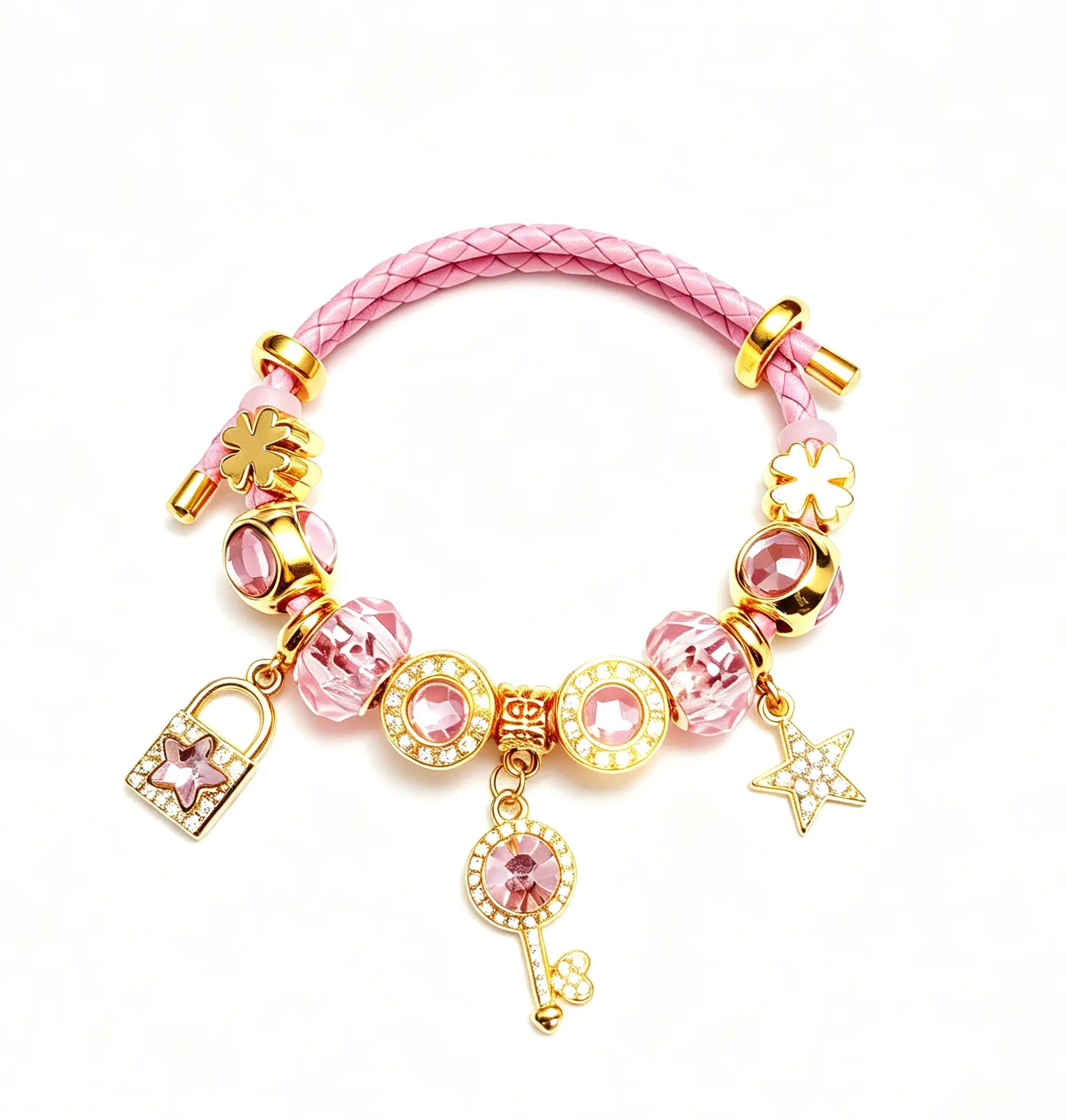 Women's Adjustable Pink Braided Leather Charm Bracelet - Sparkling Crystal, Gold Lock, Star Key, 4 Leaf Clover Beads Fashion Costume Jewelry Gift