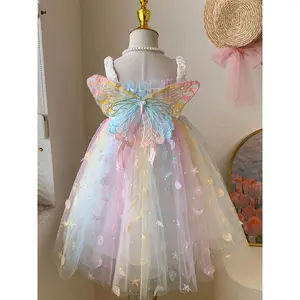 [Cute Rainbow  Dress] Rainbow  Dress for Girls |       Charming Butterfly, Cute Bow Detail, Polyester Blend, Machine Washable, Summer Collection princess