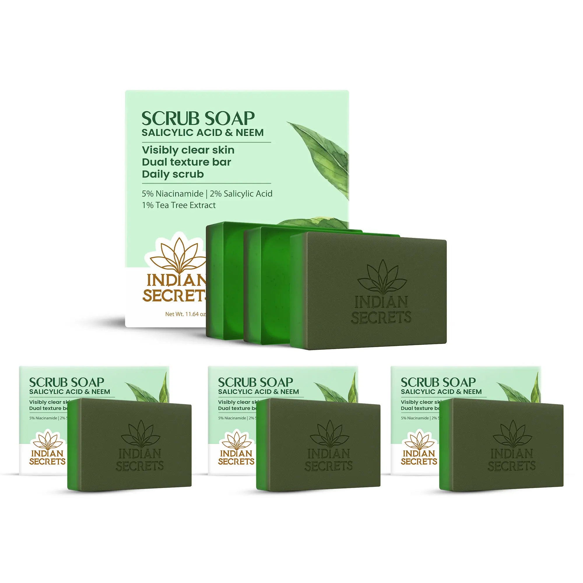 INDIAN SECRETS Salicylic Acid & Neem Scrub Soap, Gentle Exfoliating Body Care Bar for Face & Body, Oily & Acne-Prone Skin - Multi-Pack of 6 (110g / 3.88oz), Blend