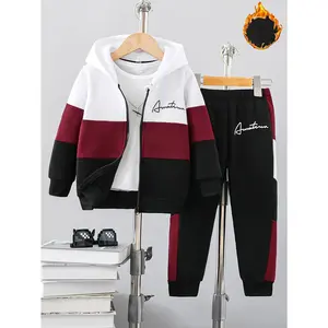 Boys' Color-Block Hoodie & Jogger Set - Fleece-Lined Letter Print Sweatsuit for Fall/Winter, Cozy 2-Piece Outfit