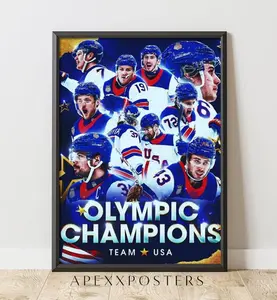 Olympic Champions Team USA Hockey Poster, Gold Medal Celebration Wall Art Print, Patriotic Sports Decor Gift