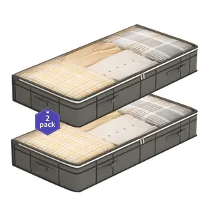 2-Piece Foldable Bed Under Storage Bag Set, Breathable Zipper & Transparent Window Design, Includes 4 Handles for Blankets Clothes Mattresses, Fabric Storage Organizer, Space Saver Bags