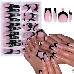 144 Pcs Black French Tip Press on Nails & Press on Toenails Set, Medium Square French Fake Nails Full Cover Glossy False Nails Acrylic Toe Nail Stick on Nail for Women Girls