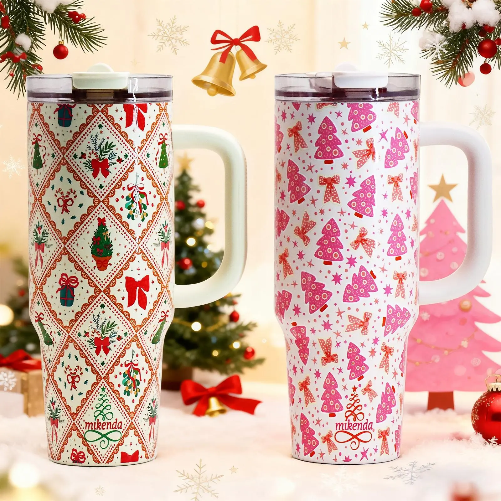 1 Pc 40oz insulated thermal mug with handle, double wall leak-proof vacuum cup, pink Christmas tree and bow pattern, festive holiday design, keeps hot 12 h/cold 24 h, large capacity tumbler, Insulated travel tumbler, Vacuum Flasks