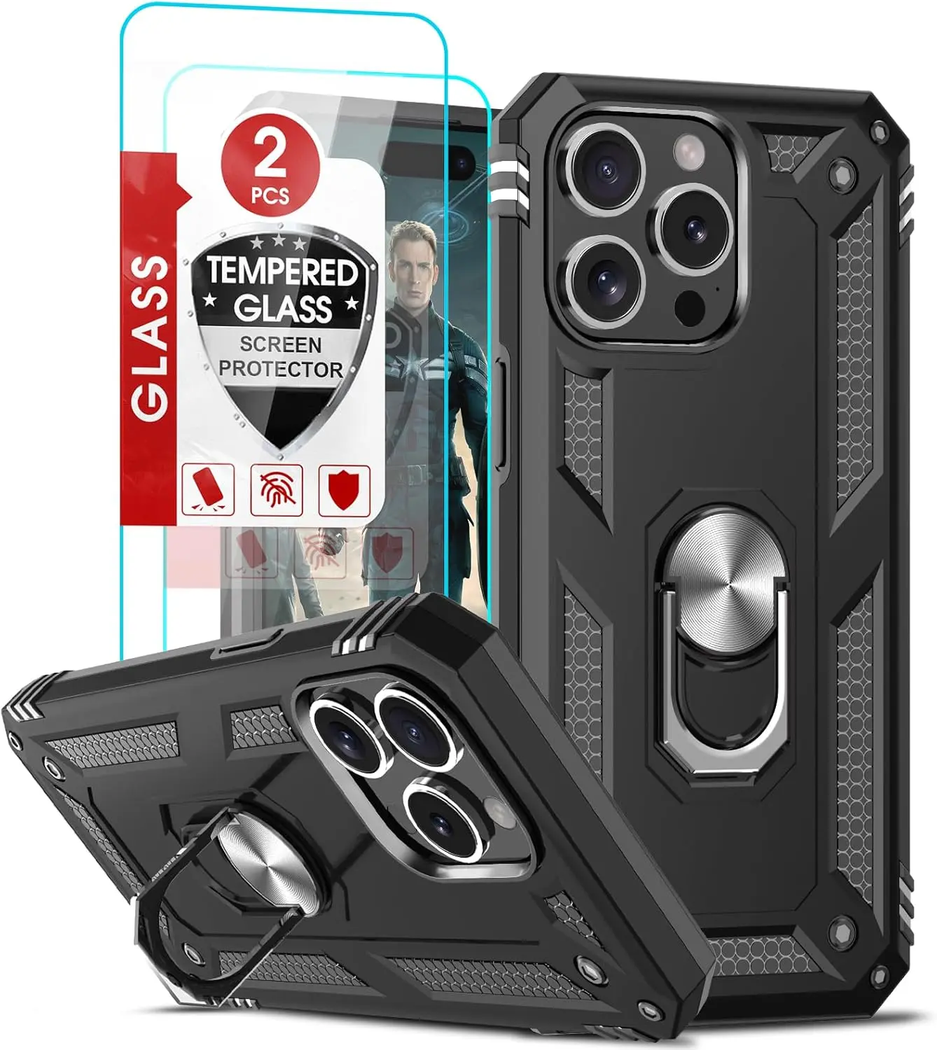 Entronix 3-in-1 Mobile Phone Protective Accessories Bundle - Heavy-Duty Shockproof Ring Kickstand TPU Case, Ultra-Thin Tempered Glass Screen Protector, Dustproof Cover, Compatible with iPhone 16/15/14/13/12/11/X, Ultra-Thin Glass