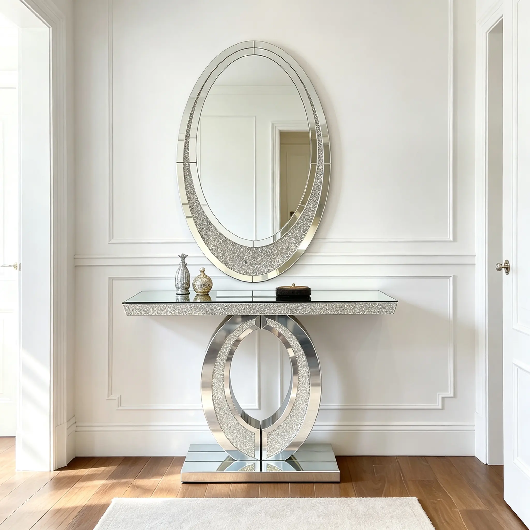 Large Silver Mirrored Crushed Diamond Console Table - Modern Handcrafted Rectangle Mirror Glass Accent Center Table with Reflective Surface for Entryway