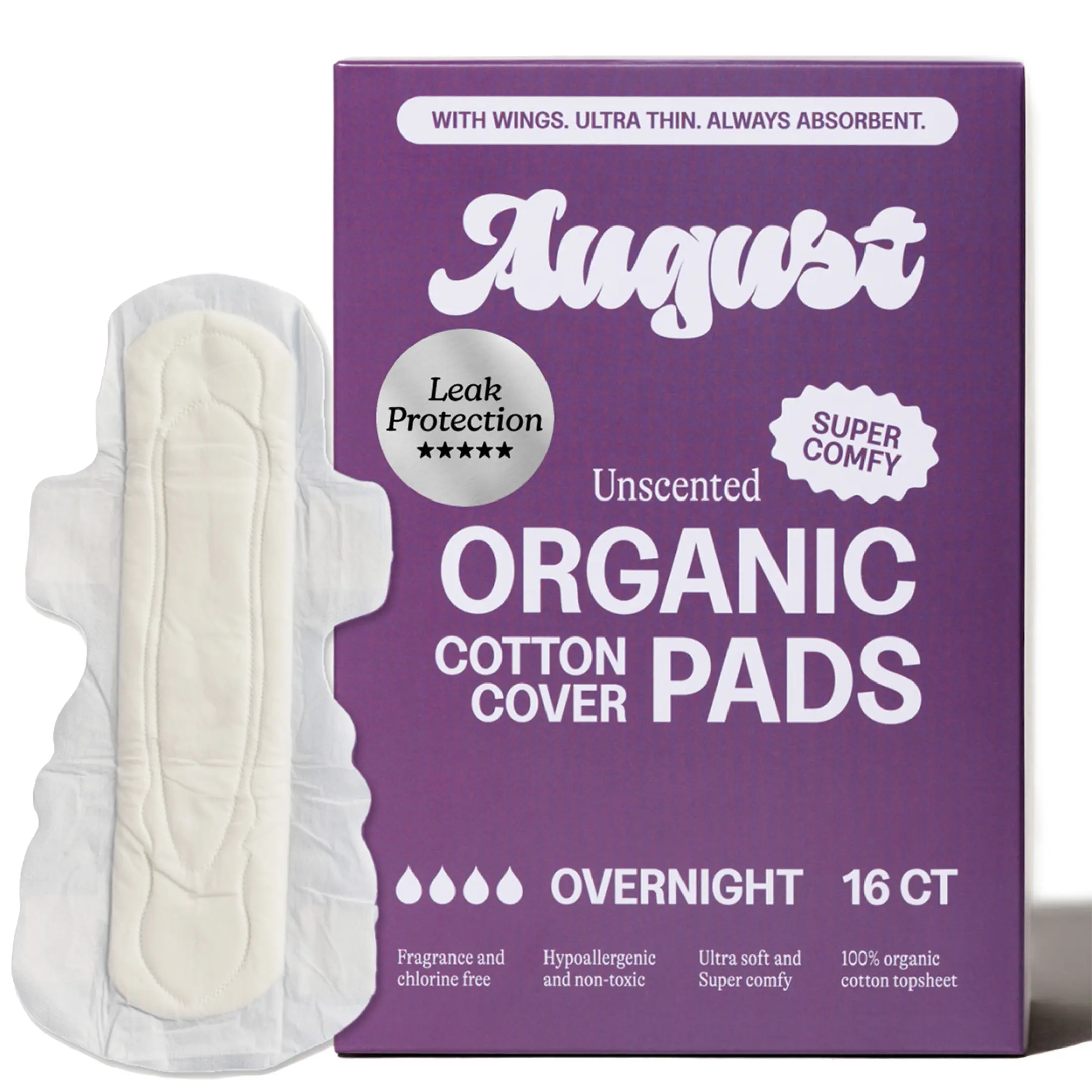 August Overnight Pads - Zero-Feel. Organic Cotton. Maximum Length. August Overnight Pads - Zero-Feel. Organic Cotton. Maximum Length.