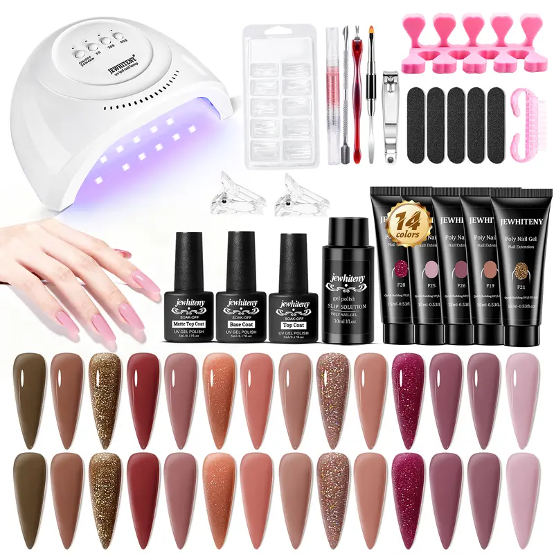 Jewhiteny DIY Nail Salon Kit with UV Light Complete Poly Gel Extension Set for Beginners 14 Colors Long Lasting Manicure Tools Perfect Gift for Women