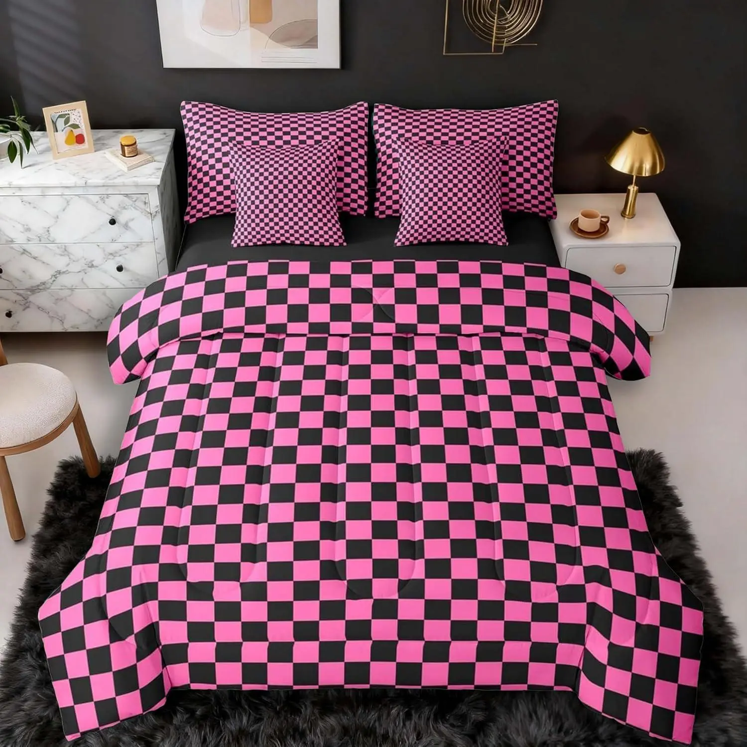 Pink Black Bedding Set 7Pcs Plaid Checkered Comforter Set with Sheets Classic Grid Buffalo Check Bed in a Bag Soft Lightweight,Microfiber