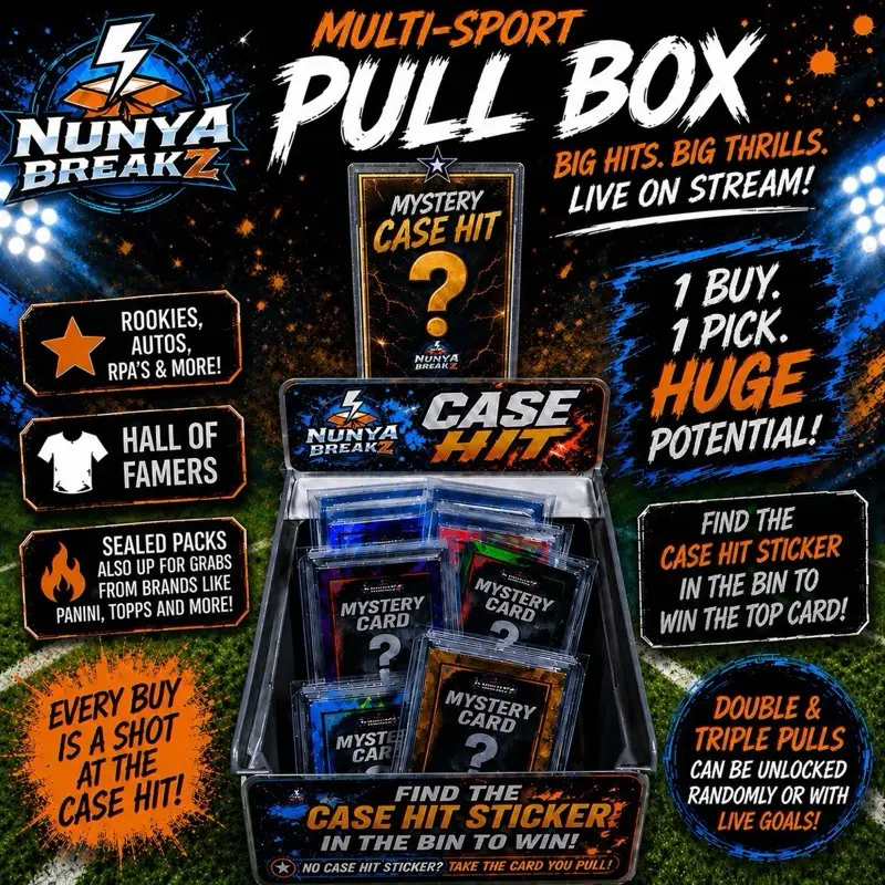 NUNYABREAKZ Multisport Mystery Sports Card Pull-Box - Live Case Hit, Autos, RPAs, Rookies, Vets, and More