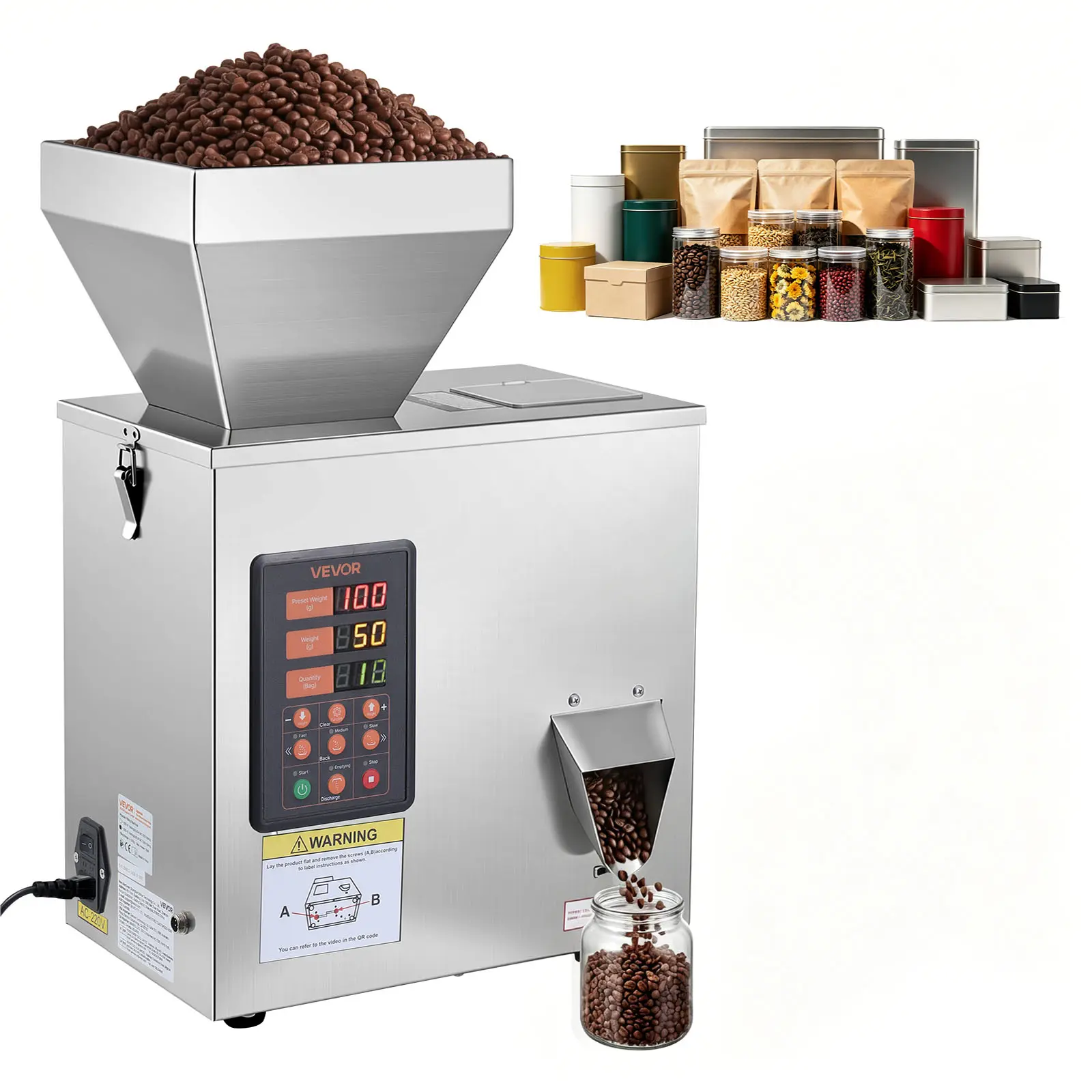 VEVOR Powder Filling Machine, 3-200g (0.01-0.44 lbs) Automatic Particle Dispenser, High Accuracy, Stainless Steel, Intelligent Weighing Dispensing Filler for Coffee Beans