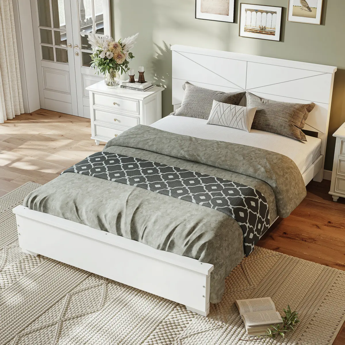[Bellemave] Bamboo Platform Bed Frame| Modern Headboard| Wood Slats Support| No Box Spring Needed| Easy Assembly| White
