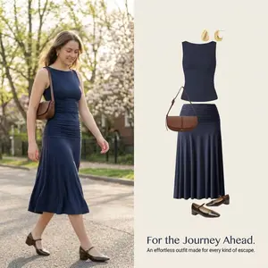 OGL 2Pcs Set Open Back Bra Tank & Side Ruched A-line Midi Skirt with Built-in Bra for Womenswear - matching sets women summerwins