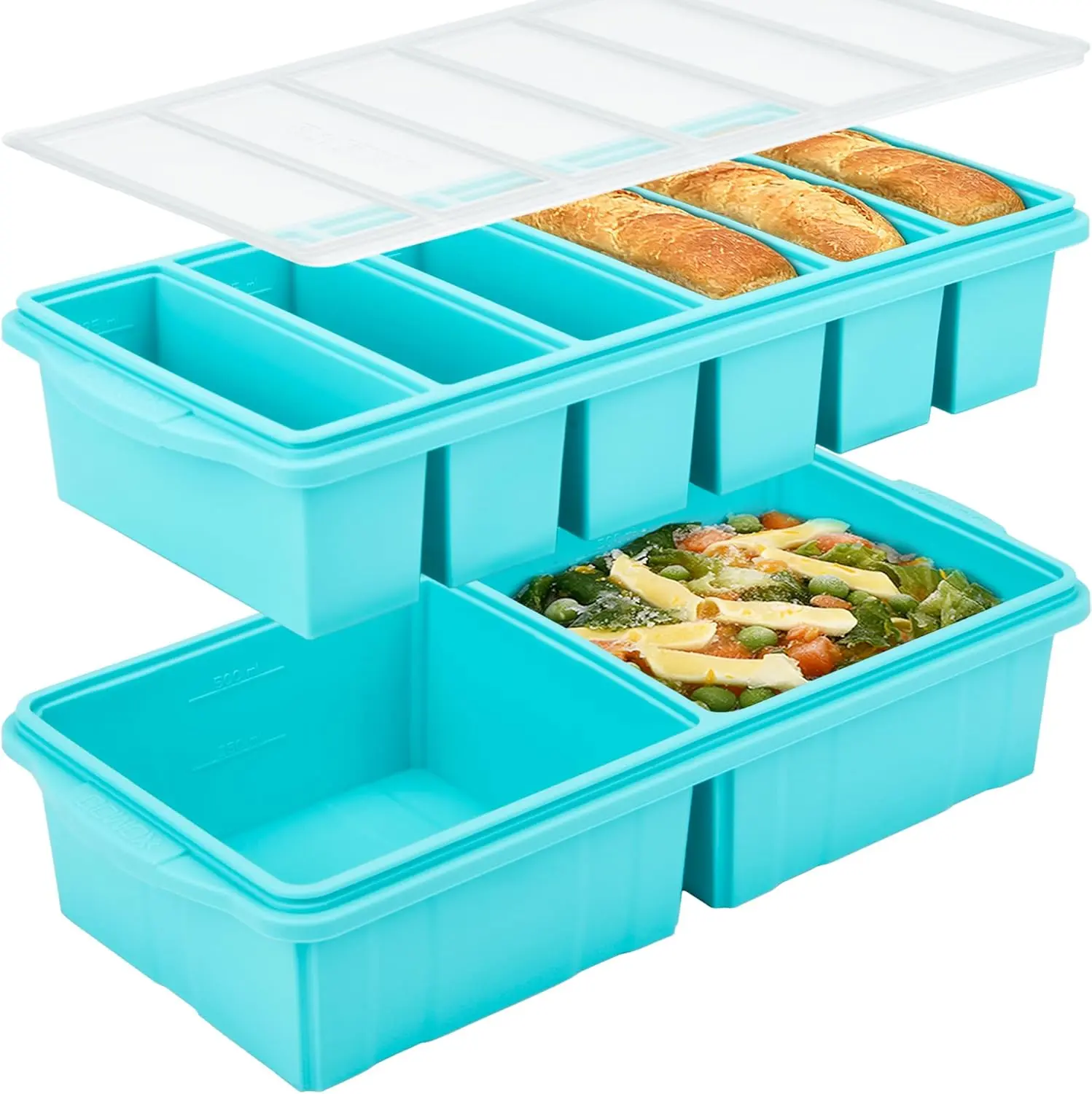 Rubber Silicone Freezer Tray with Food Cover - Oven & Dishwasher Safe Food Storage Mold Set for Meal Prep, 1 Cup & 2-Cup Portion Sizes, Deep Freezer Drawer Bins, Organization Ideas & Space Organizing Home Supplies