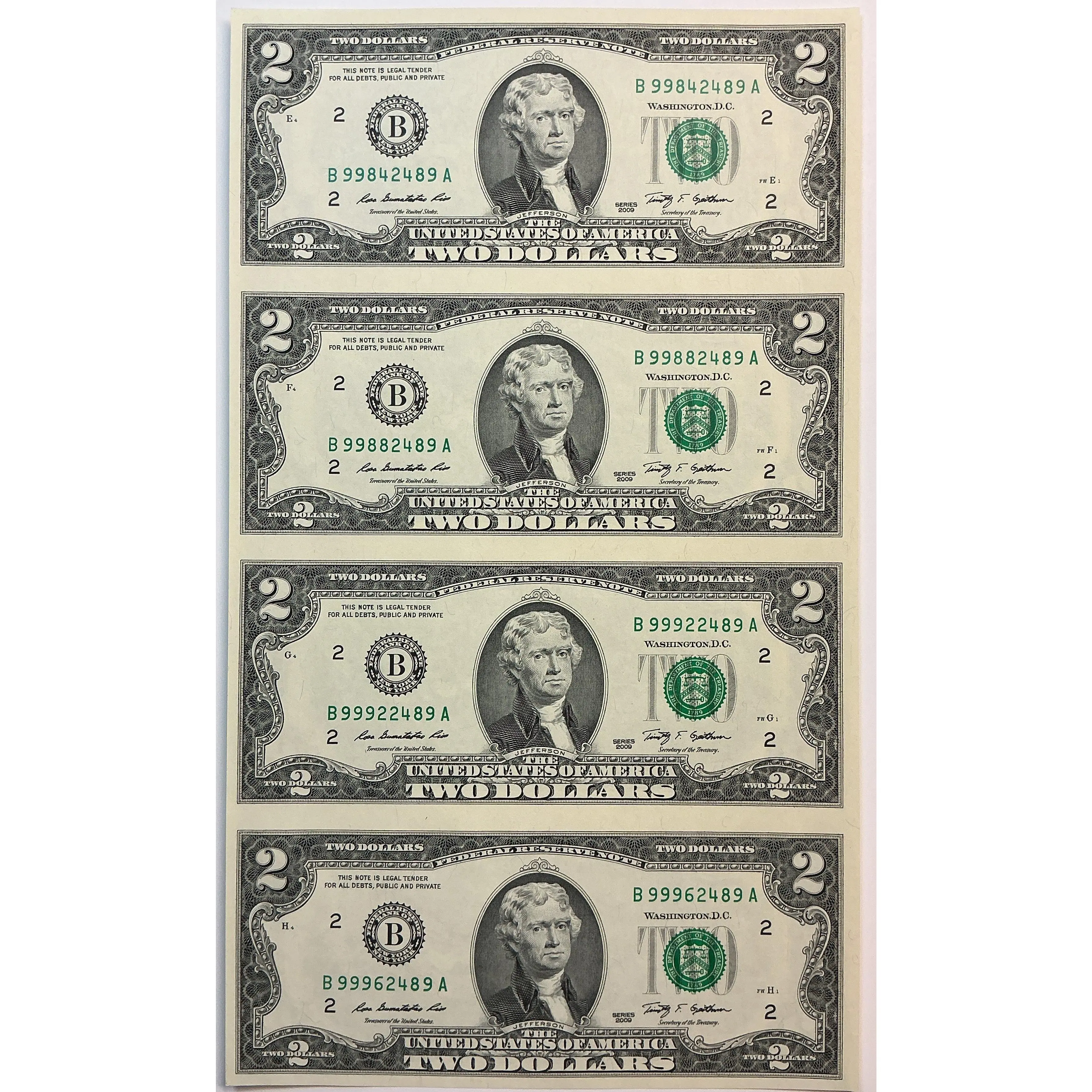 2009 Series $2 Notes, Sheet of 4 Bills, F.R.N., BEP, Store #FRN042