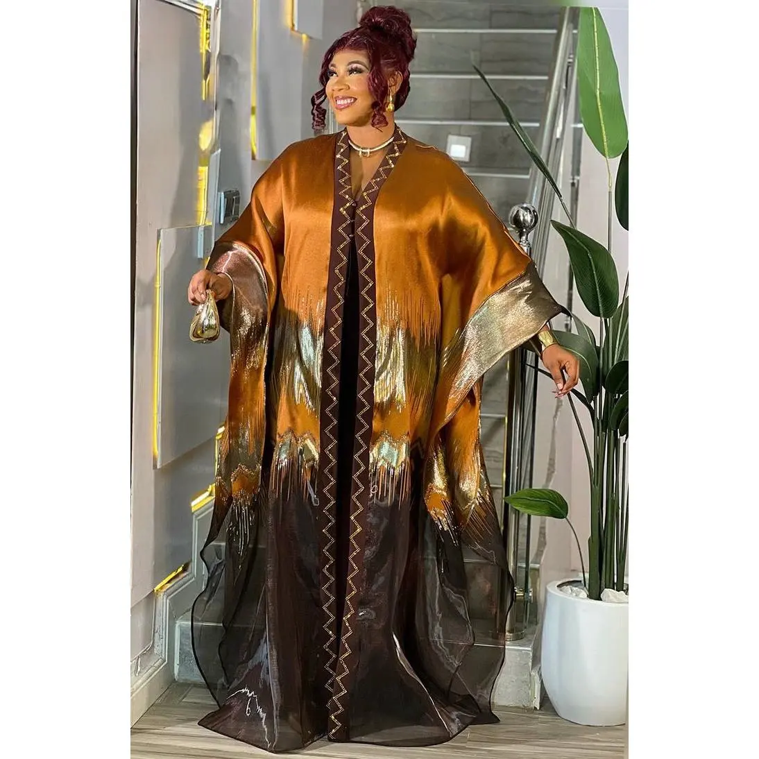 Fabulous Golden Brocade Rhinestone Kaftan Maxi Dress, African Bubu Wedding Attire Mother of The Bride Engagement Ceremony Church Gala Anniversary Birthday Party 2-Piece Outfit