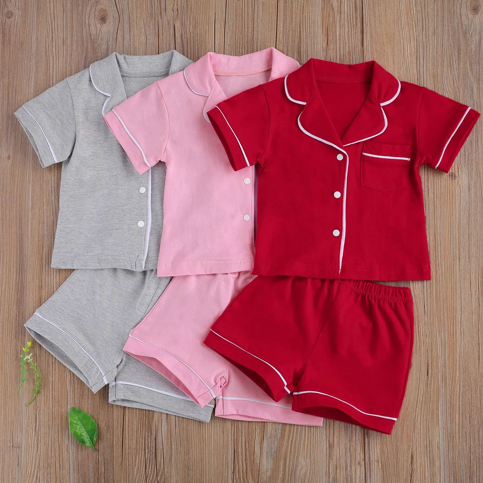 Toddler Baby Pajama Set Boy Girl Button Down Sleepwear Short Sleeve Shirt Shorts Solid Color Jammies Kids Lounge Sets