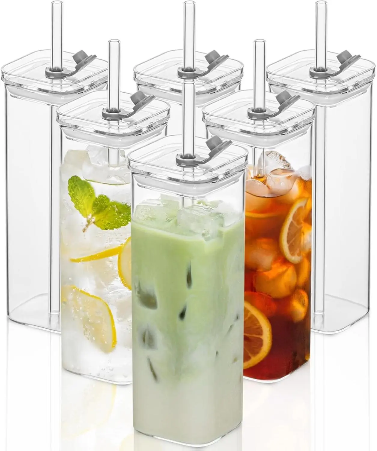 6 Sets Square Drinking Glass Cups with Lids 17 Oz Clear Highball Tumblers for Cocktails Coffee Juice Beer Modern Design Eco-friendly Drinkware Stylish