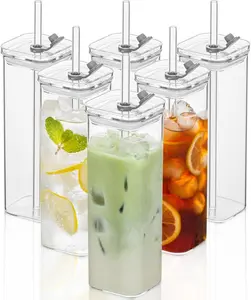 6 Sets Square Drinking Glass Cups with Lids 17 Oz Clear Highball Tumblers for Cocktails Coffee Juice Beer Modern Design Eco-friendly Drinkware Stylish