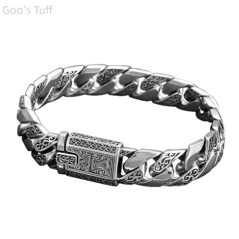 Men's Vintage Cuban Style Bracelet & Bangle - Chunky Bold Curb Chain, Gothic Tang Grass Engraved, Dark Retro Carved, Hypoallergenic Silver Metal, Durable Edgy Hip Hop Jewelry for Concert Wear, Casual Daily Outfits