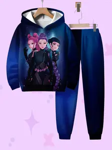 Girls' Hooded Fitted Sweatshirt Set, Long Sleeve Outfit, Spring & Fall Casual Wear, Cartoon Pattern, Holiday Gift Idea, Durable Street Style
