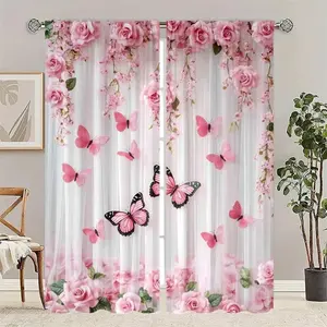2 Piece Set Floral Butterfly Print Curtains, Semi-Transparent, High Definition Digital Print, Fade Resistant, Easy Care, Modern Style Window Curtain