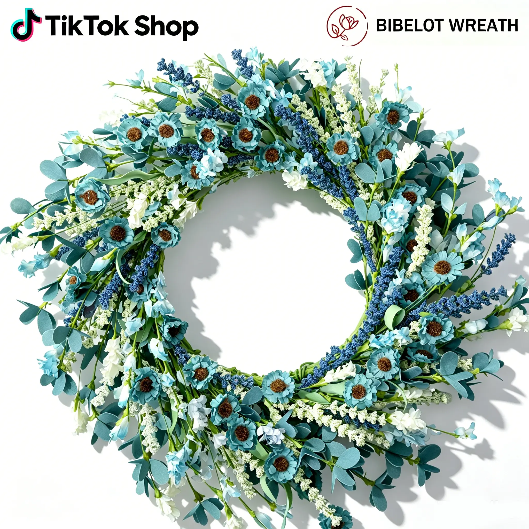 BIBELOT 22-Inch Blue Spring PVC Artificial Wreath with White Daisy Flowers & Green Leaves, Farmhouse Front Door Decor, Home Decor Items, Cool Room Decor, Living Room Decor Ideas, Fall Decor, Ideal for Weddings, Bonbie Blue Baby Shower, tiktokshopbacktosch