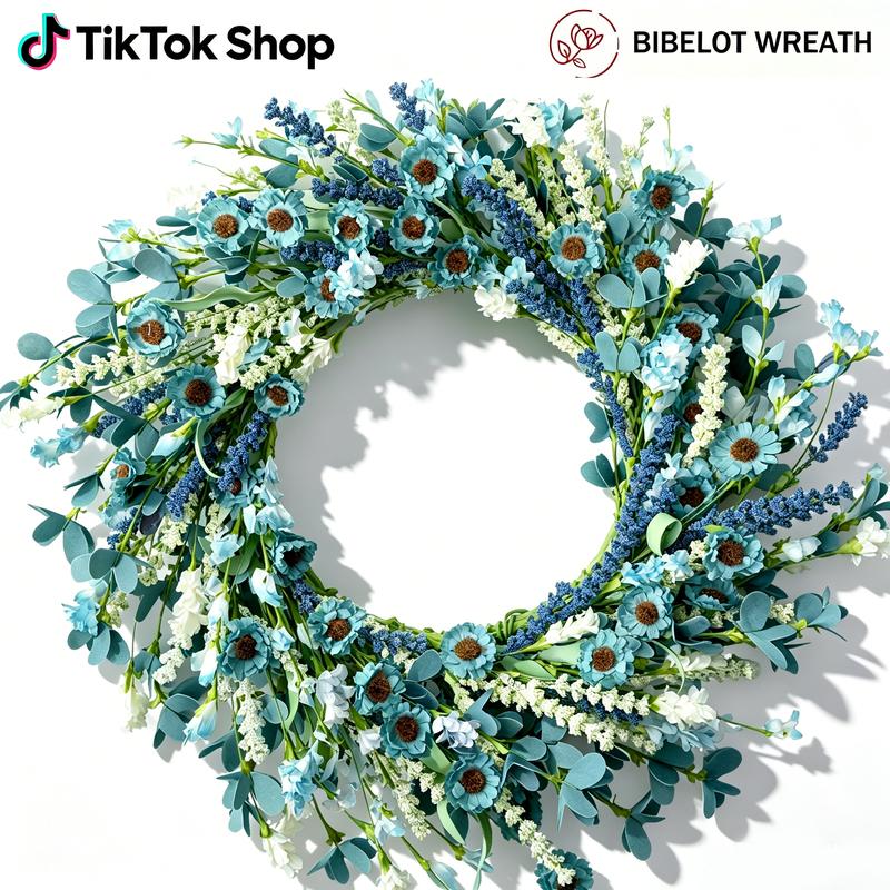 BIBELOT 22-Inch PVC Artificial Wreath, Blue Spring Design with White Daisies & Green Leaves, Fall Decor for Front Door, Farmhouse Party Accent