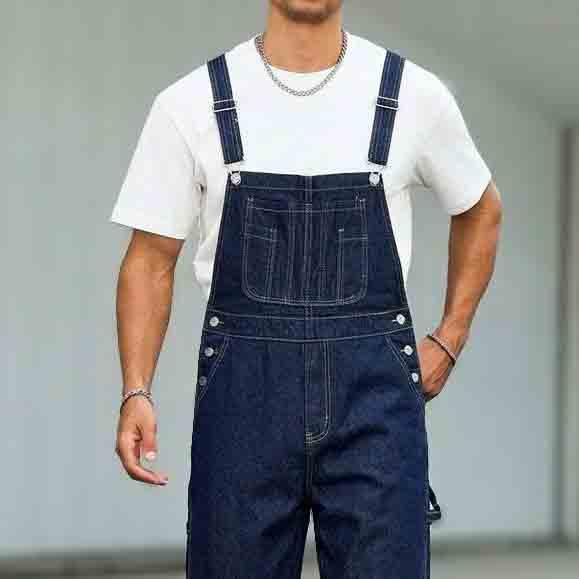 Men's Denim Cargo Overalls - Simple Vintage Fit Casual Wear Clothes, Loose Wide-Leg Multi-Pocket Bib Jumpsuit with Adjustable Straps
