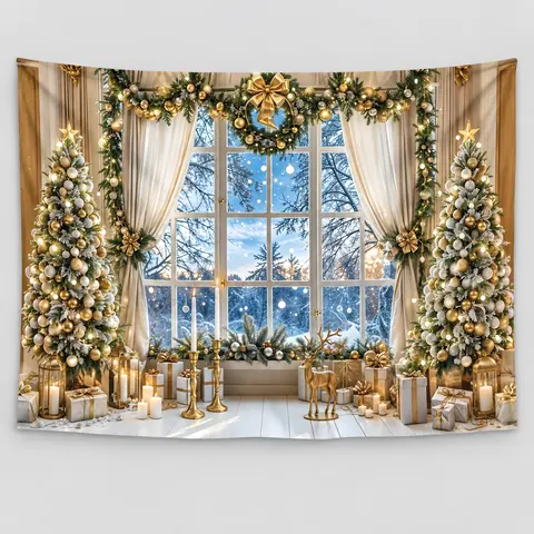 Festive 1-Piece Christmas Party Banner - 2D Flat Polyester Backdrop with Christmas Tree Window Design, Long-Lasting Indoor-Outdoor Wall Decor, Vibrant Winter Holiday Living Room Photography Ornament