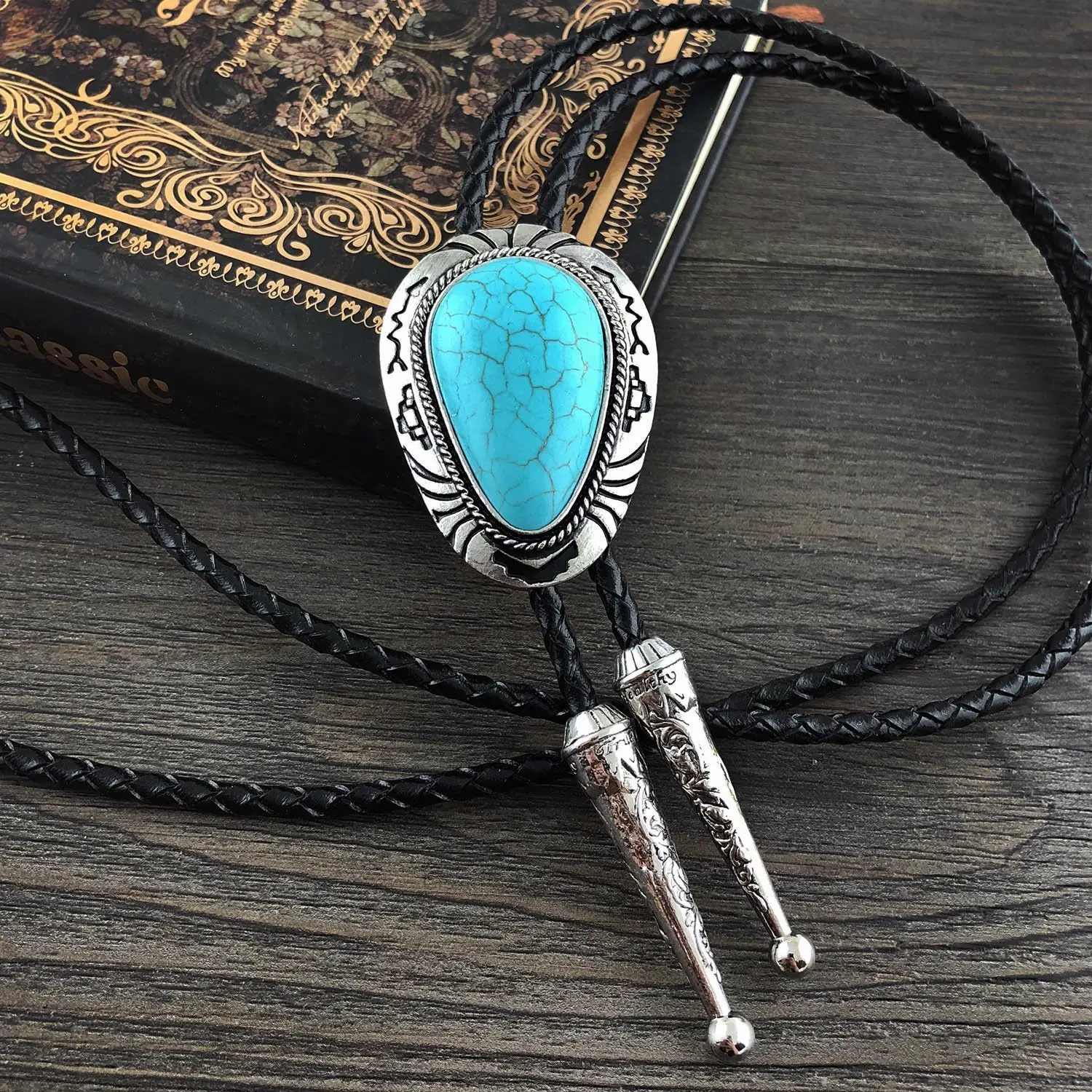 Totem Turquoise Bolo Tie Necklace with Adjustable PU Leather Cord - Handmade Western Wedding Jewelry for Cowboy Bridegroom, Spiritual Protection Stone Gift
